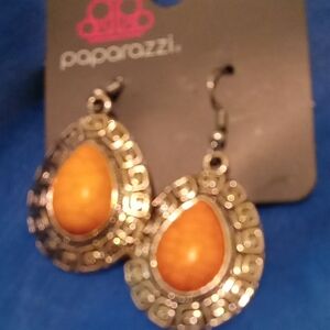 paparazzi Orange Teardrop Earrings with Silver Filigree